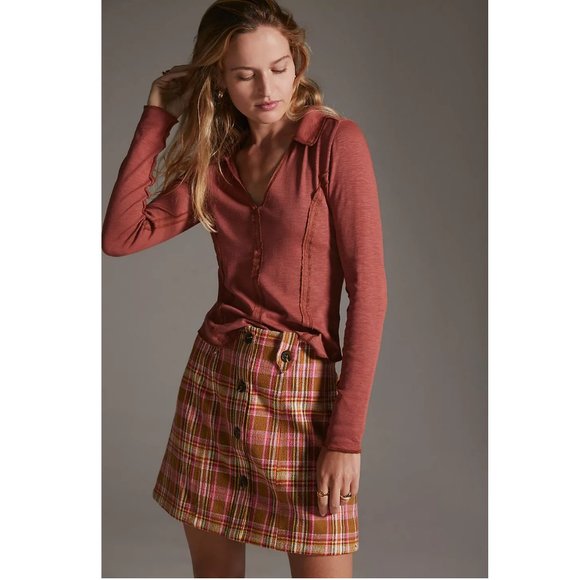 Anthropologie Maeve Button-Front Mini Skirt Pink Plaid - Medium - Picture 12 of 12